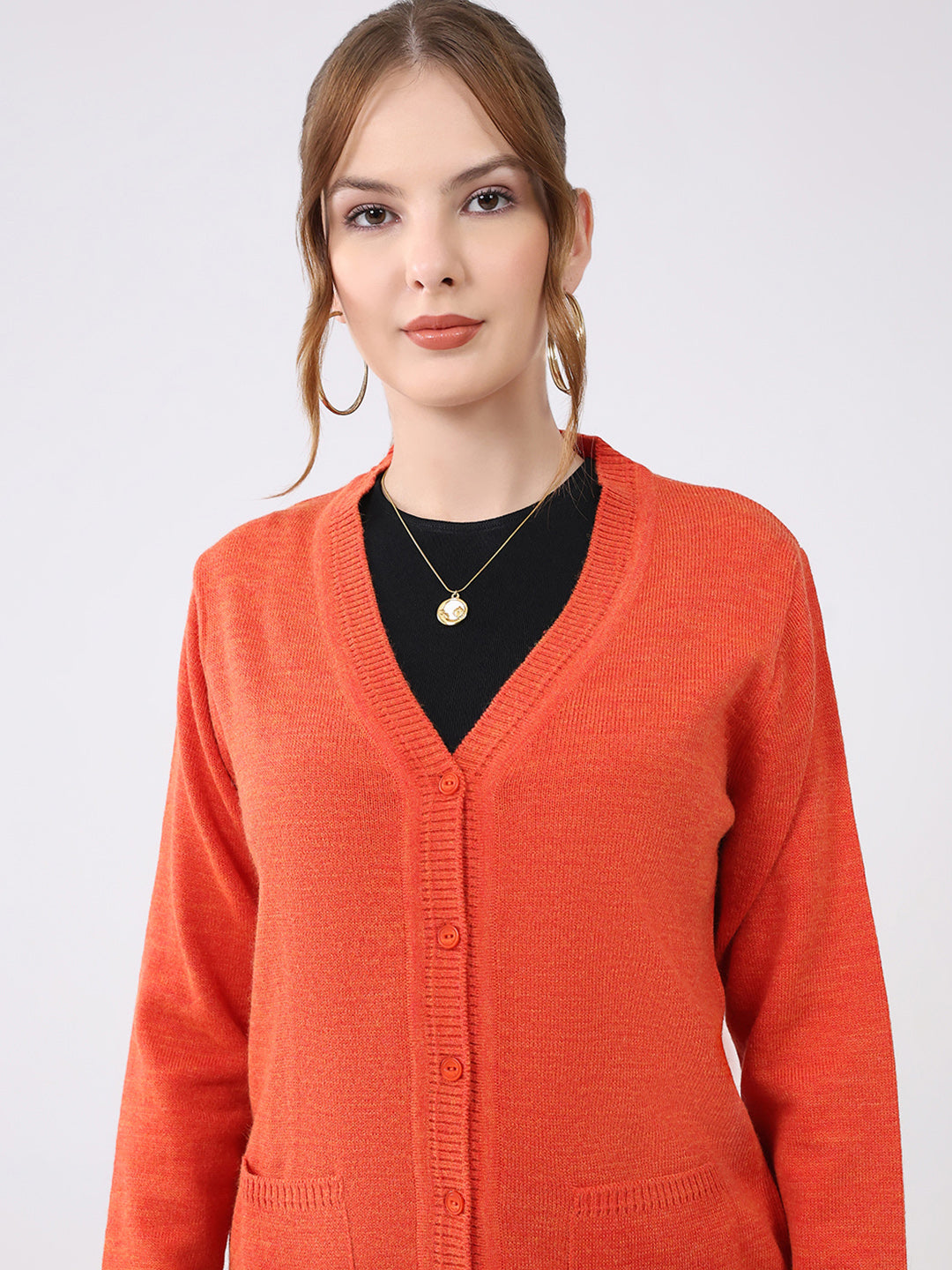 Women Orange Solid V Neck Full Sleeve Cardigan