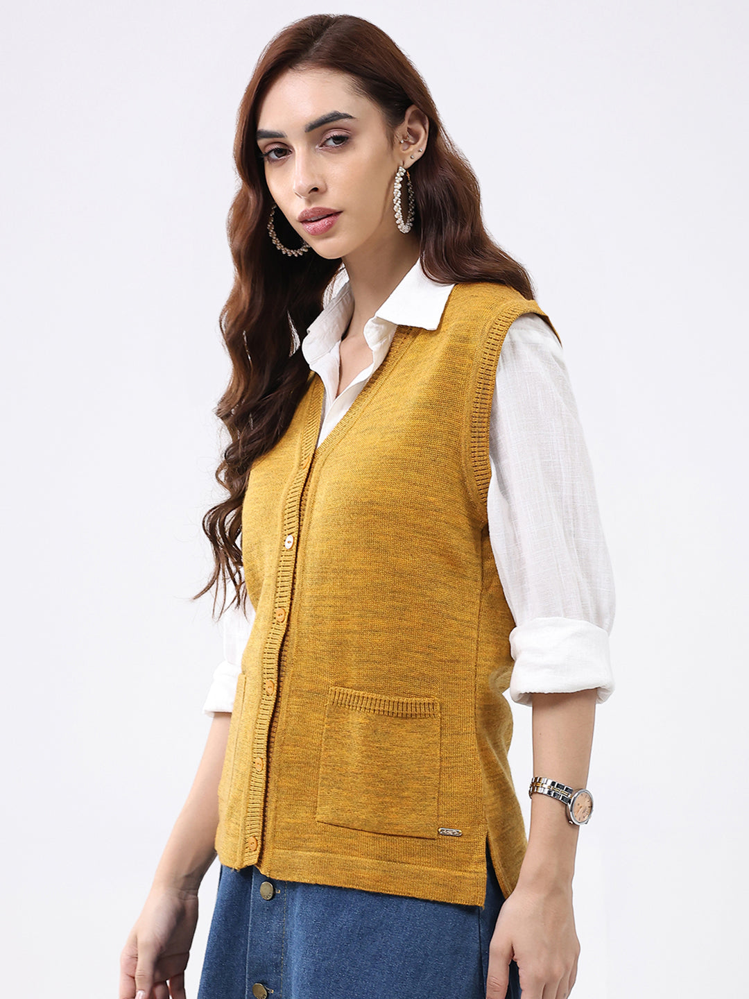 Women Mustard Solid V Neck Sleeveless Cardigan