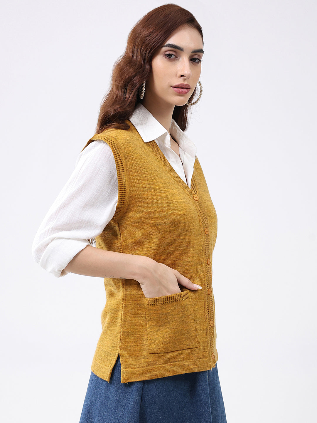 Women Mustard Solid V Neck Sleeveless Cardigan