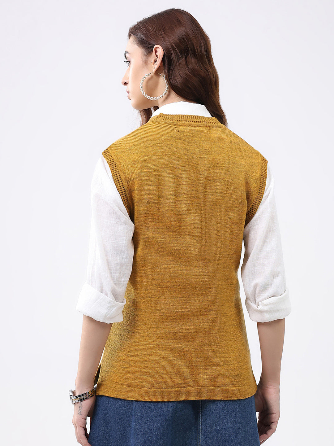Women Mustard Solid V Neck Sleeveless Cardigan