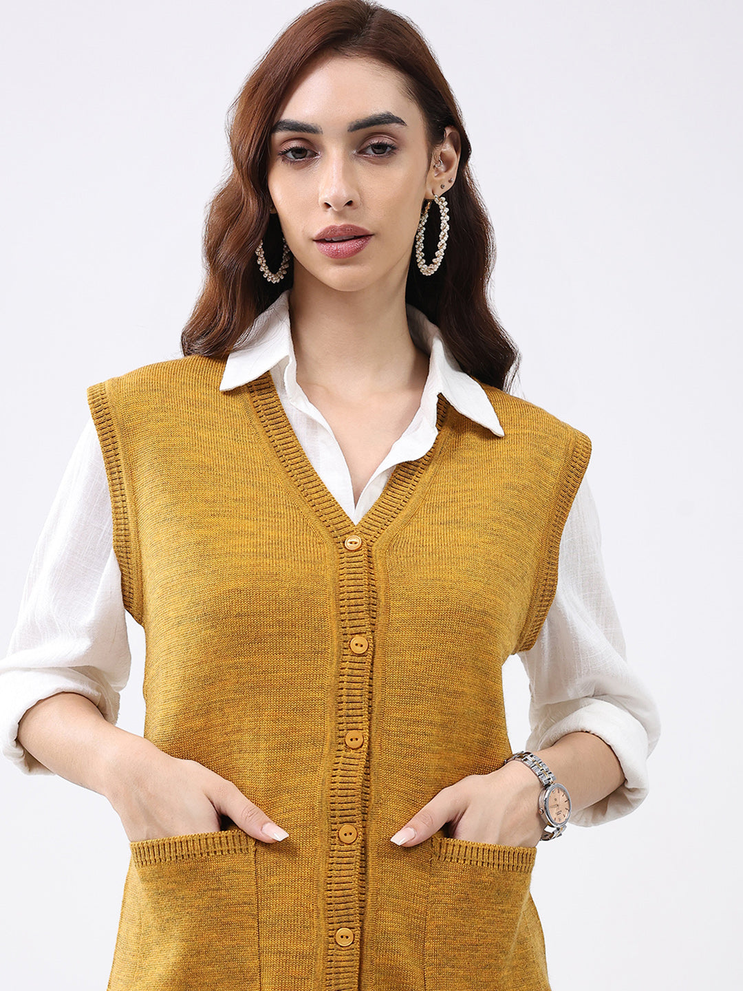 Women Mustard Solid V Neck Sleeveless Cardigan