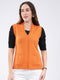 Women Orange Solid V Neck Sleeveless Cardigan