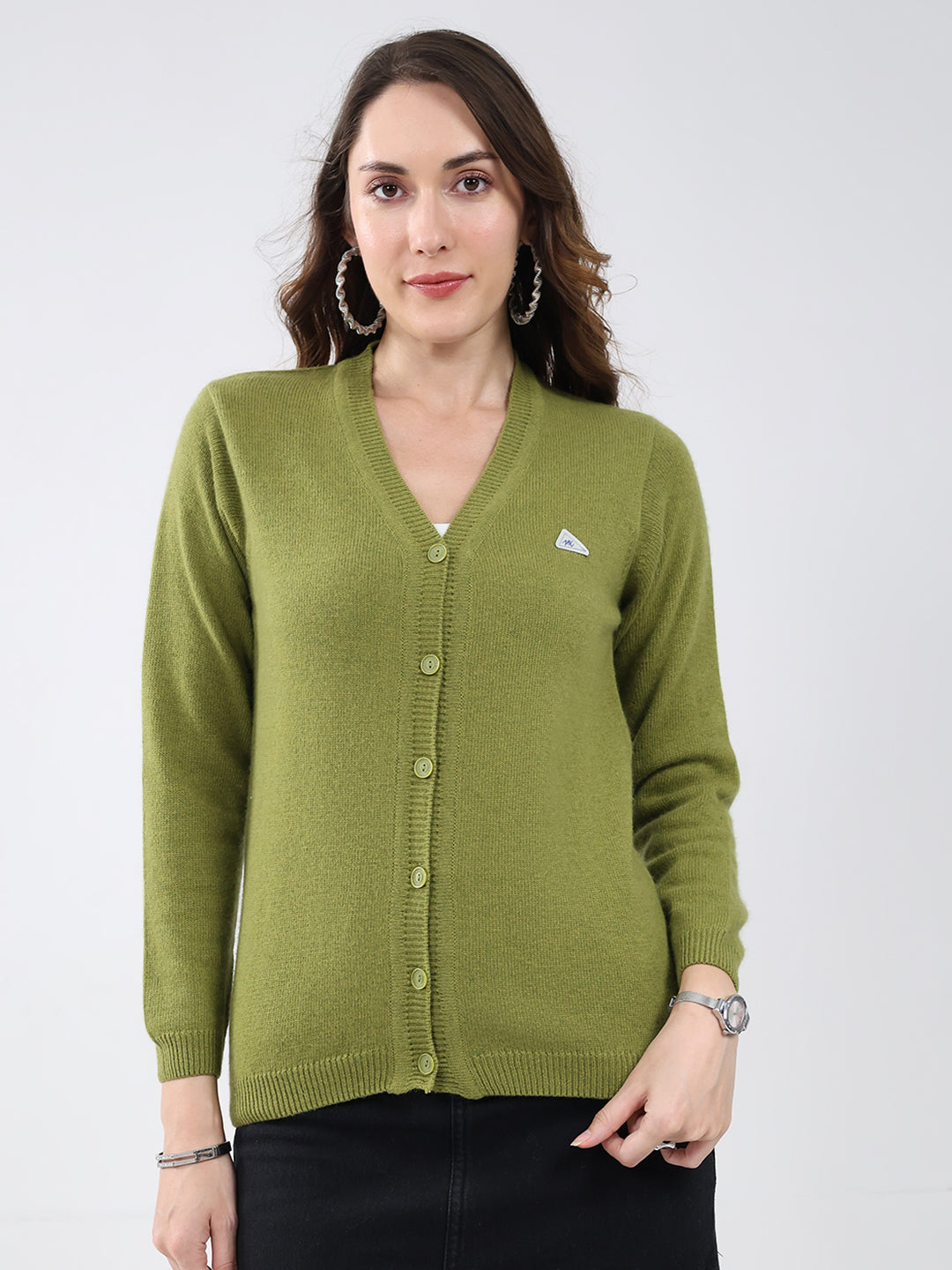 Women Green Solid V Neck Full Sleeve Cardigan