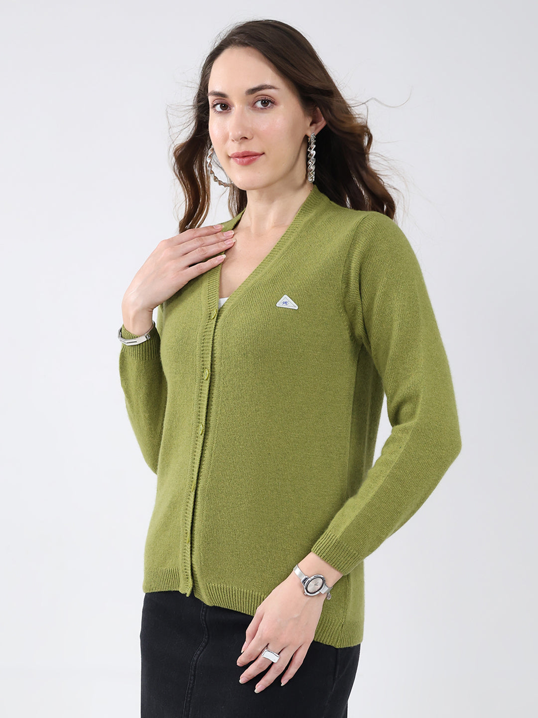 Women Green Solid V Neck Full Sleeve Cardigan