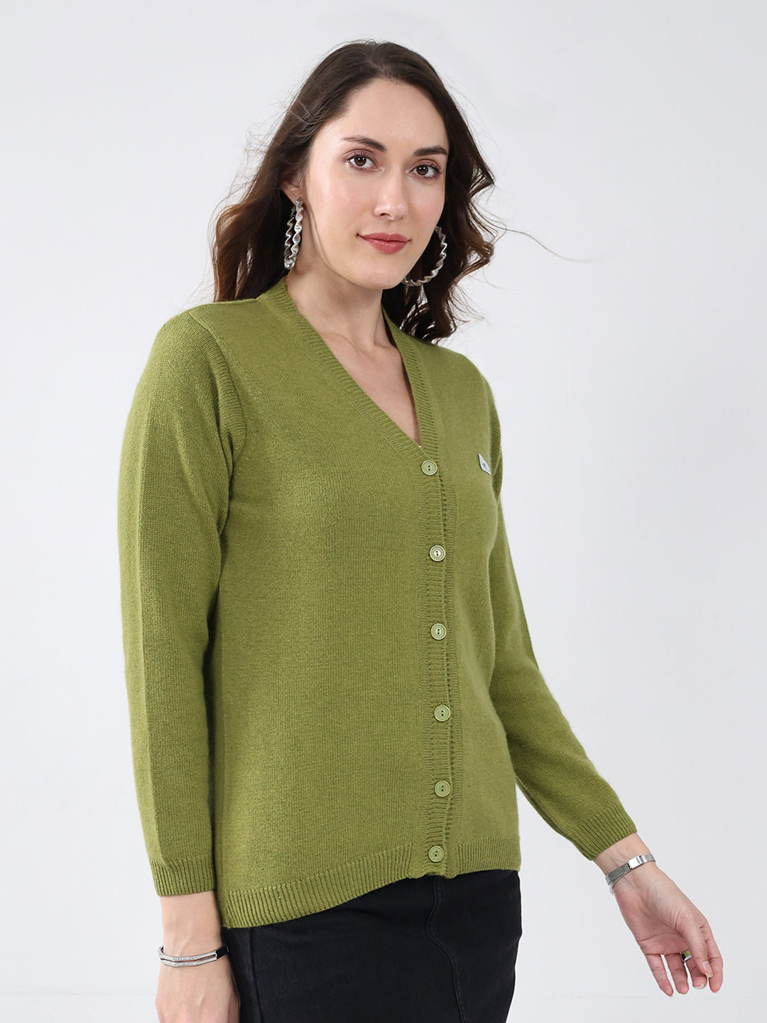 Women Green Solid V Neck Full Sleeve Cardigan