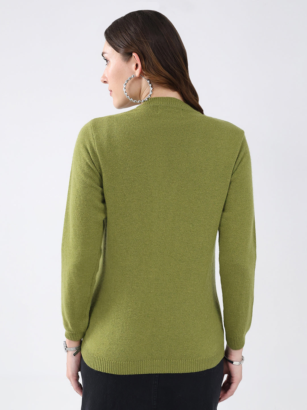 Women Green Solid V Neck Full Sleeve Cardigan