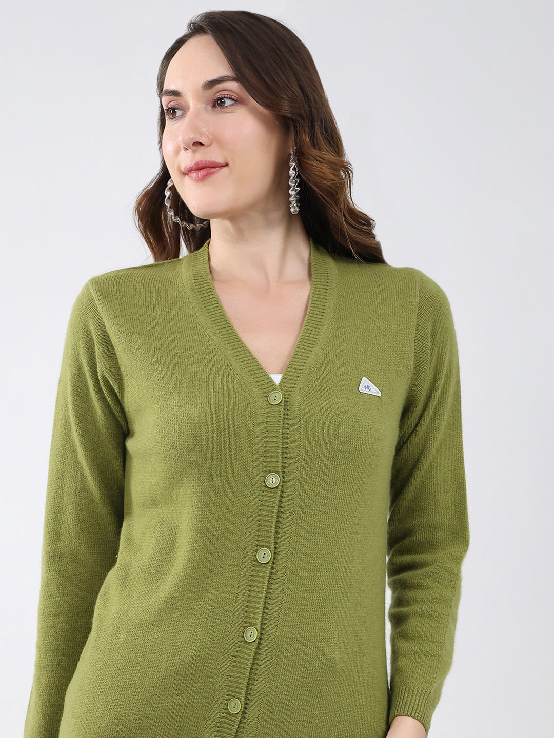 Women Green Solid V Neck Full Sleeve Cardigan