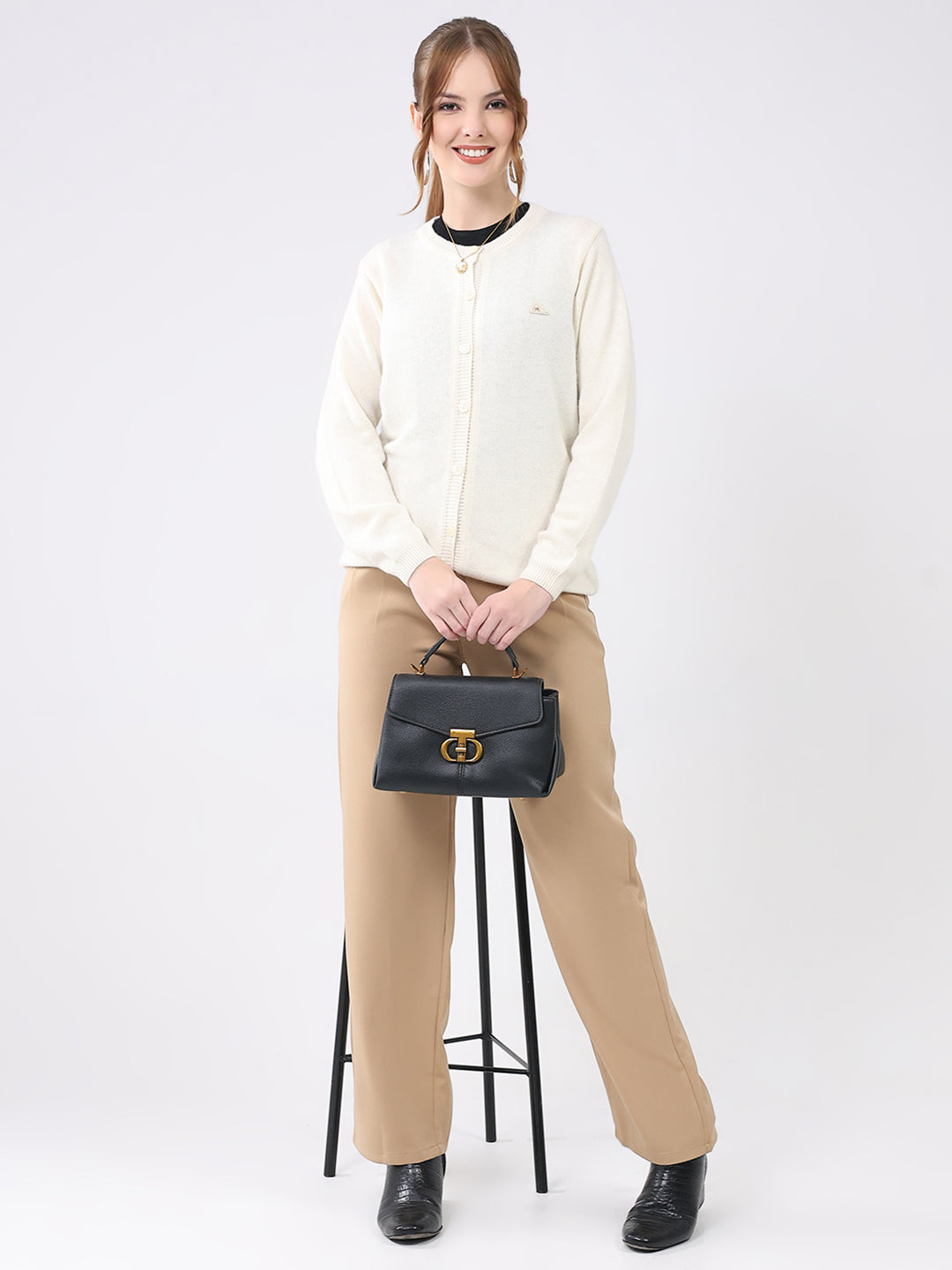 Women Off White Solid Round Neck Full Sleeve Cardigan