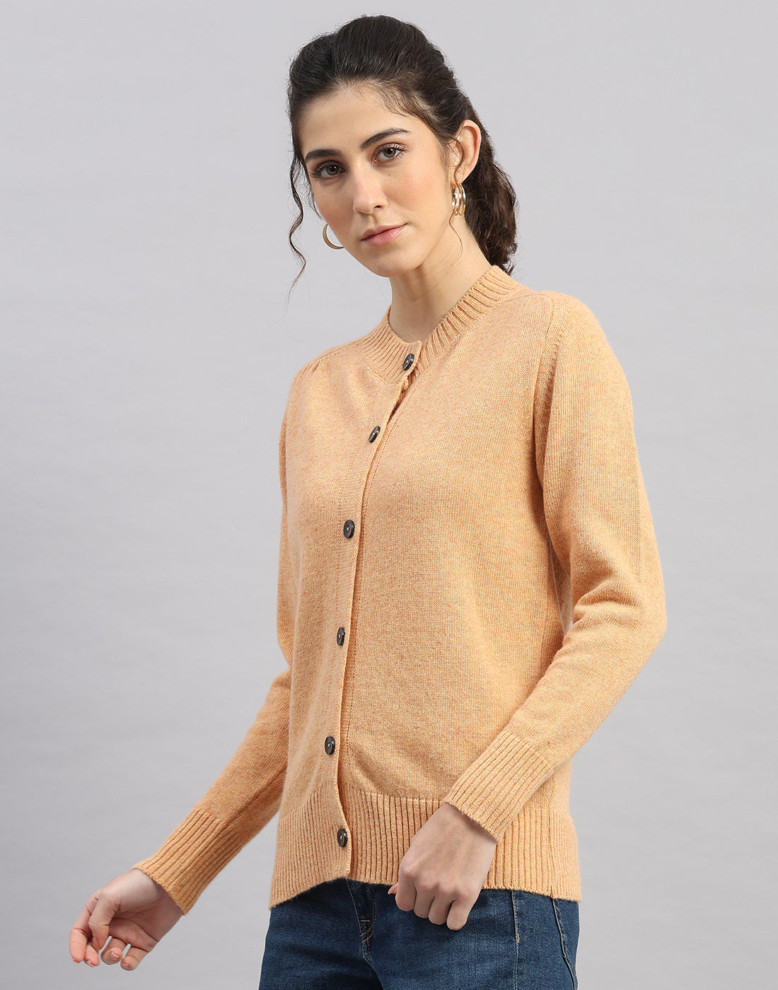 Women Orange Solid Round Neck Full Sleeve Cardigan
