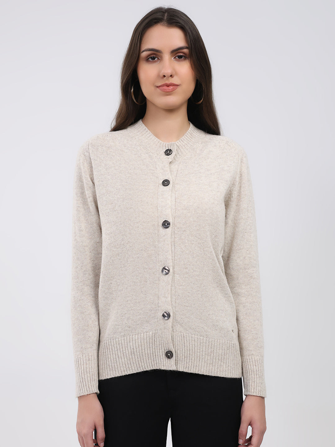 Women Cream Solid Round Neck Full Sleeve Cardigan
