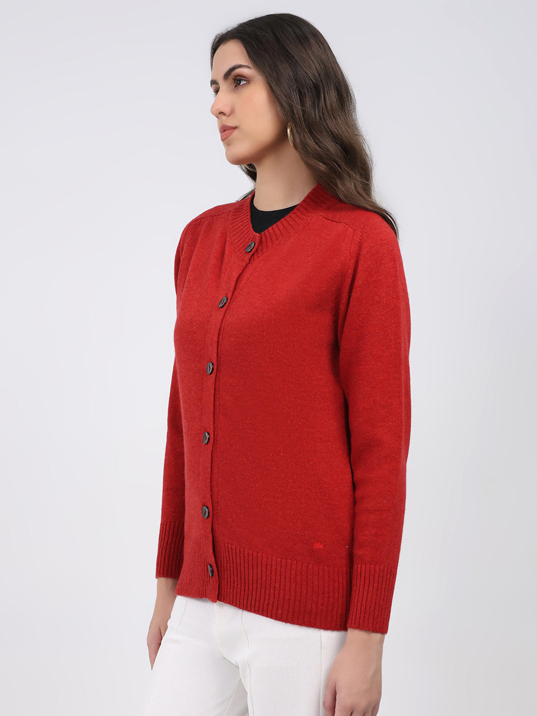 Women Maroon Solid Round Neck Full Sleeve Cardigan