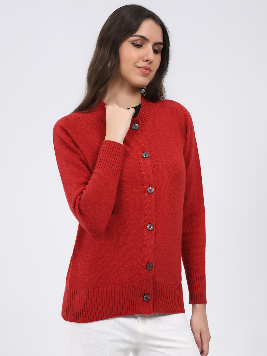 Women Maroon Solid Round Neck Full Sleeve Cardigan