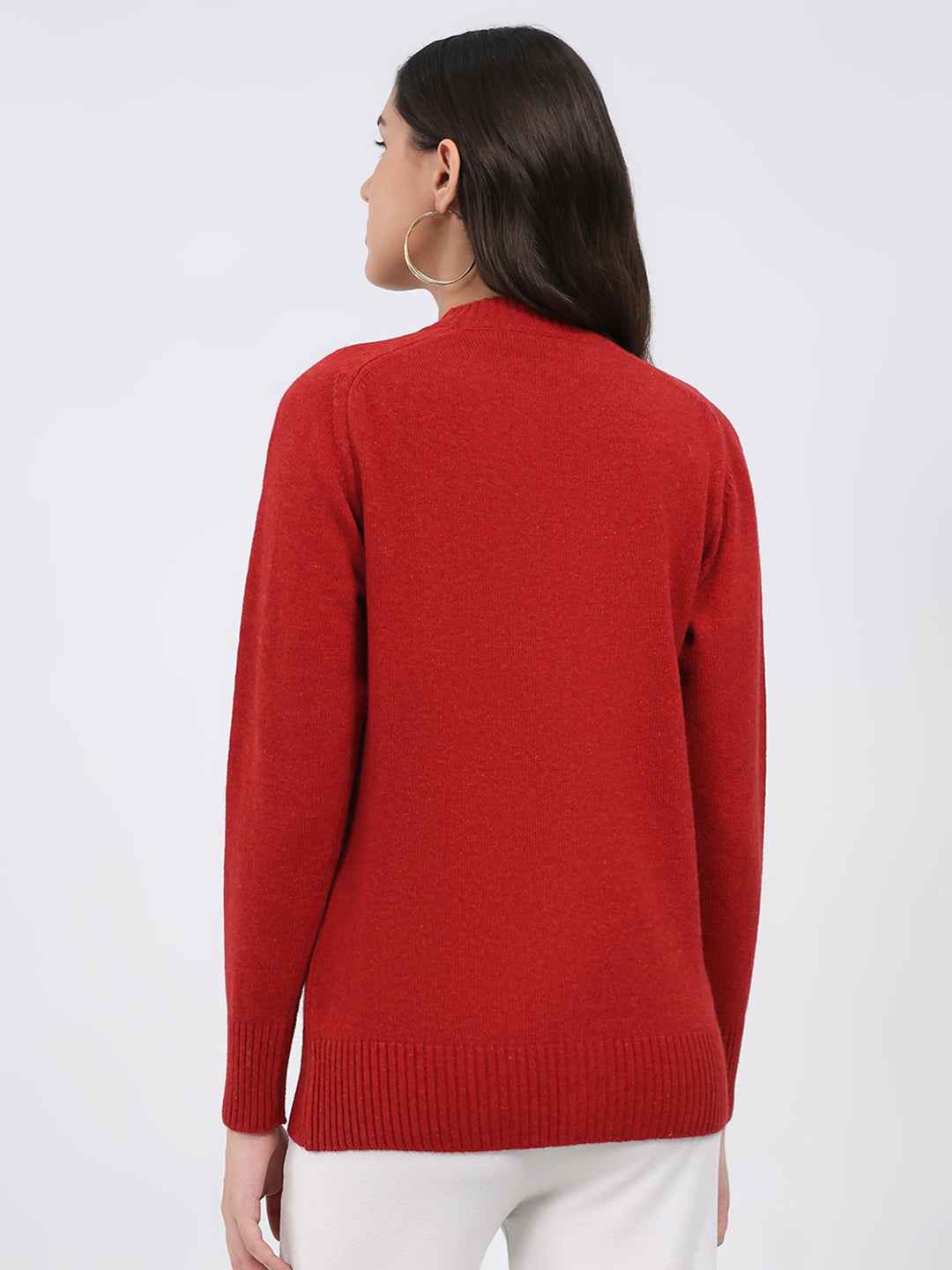 Women Maroon Solid Round Neck Full Sleeve Cardigan