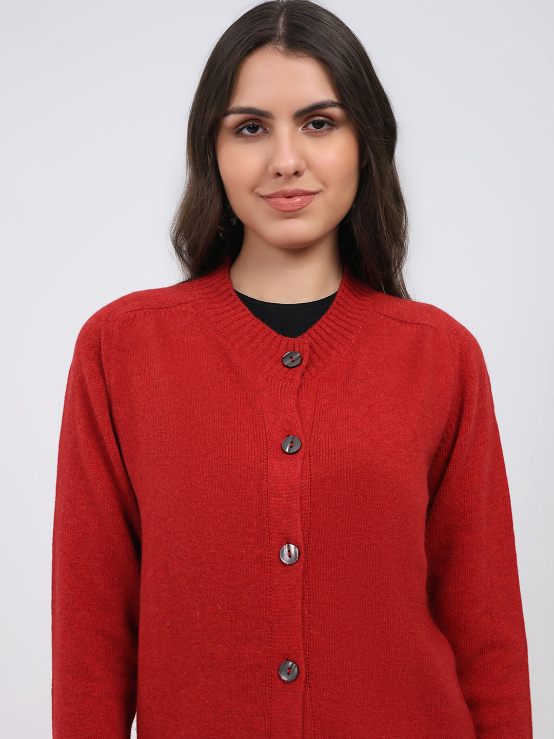 Women Maroon Solid Round Neck Full Sleeve Cardigan