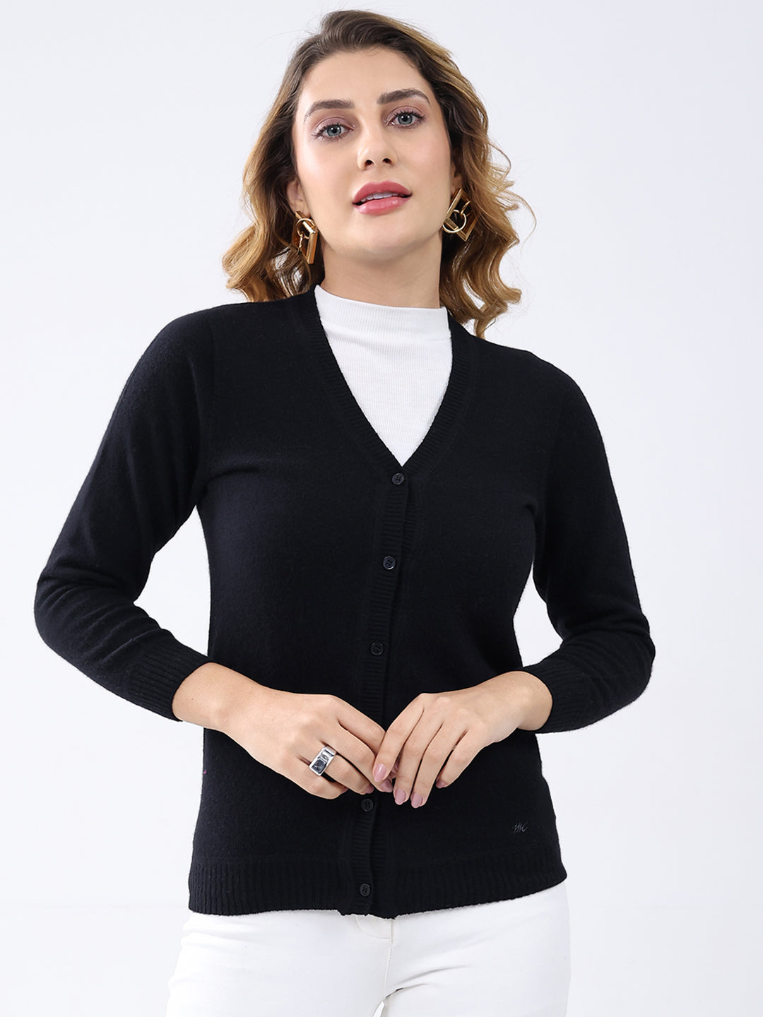 Women Black Solid V Neck Full Sleeve Cardigan