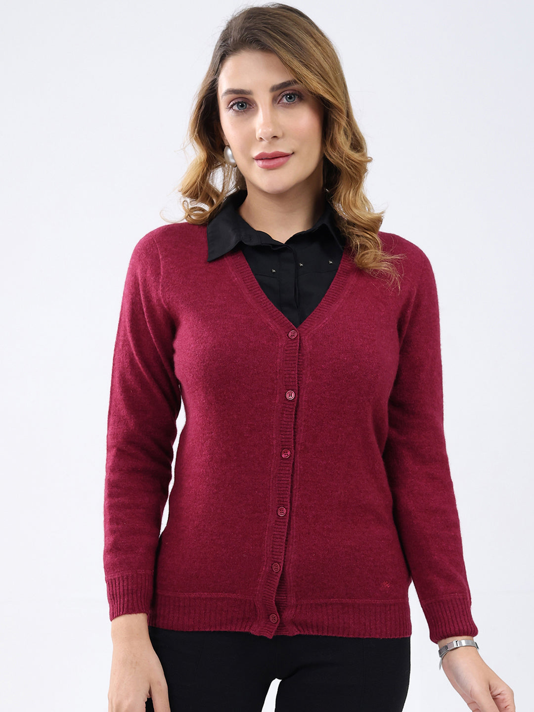 Women Maroon Solid V Neck Full Sleeve Cardigan