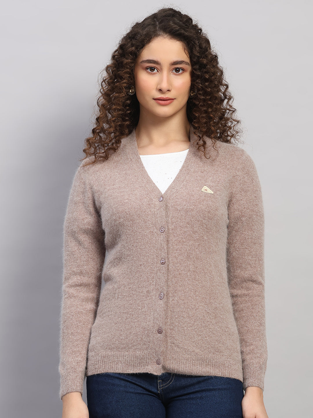 Women Beige Solid V Neck Full Sleeve Cardigan