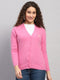 Women Pink Solid V Neck Full Sleeve Cardigan