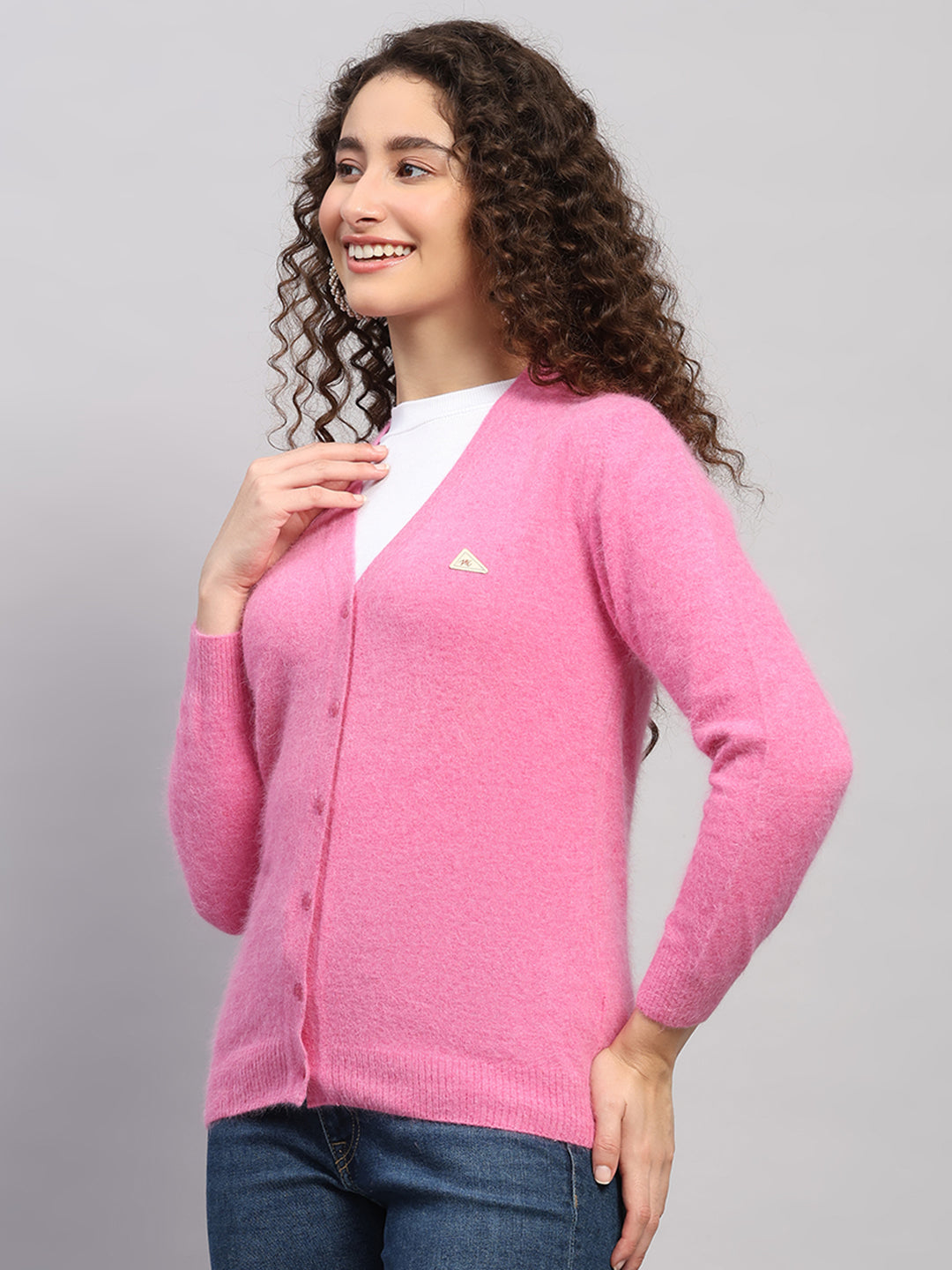Women Pink Solid V Neck Full Sleeve Cardigan