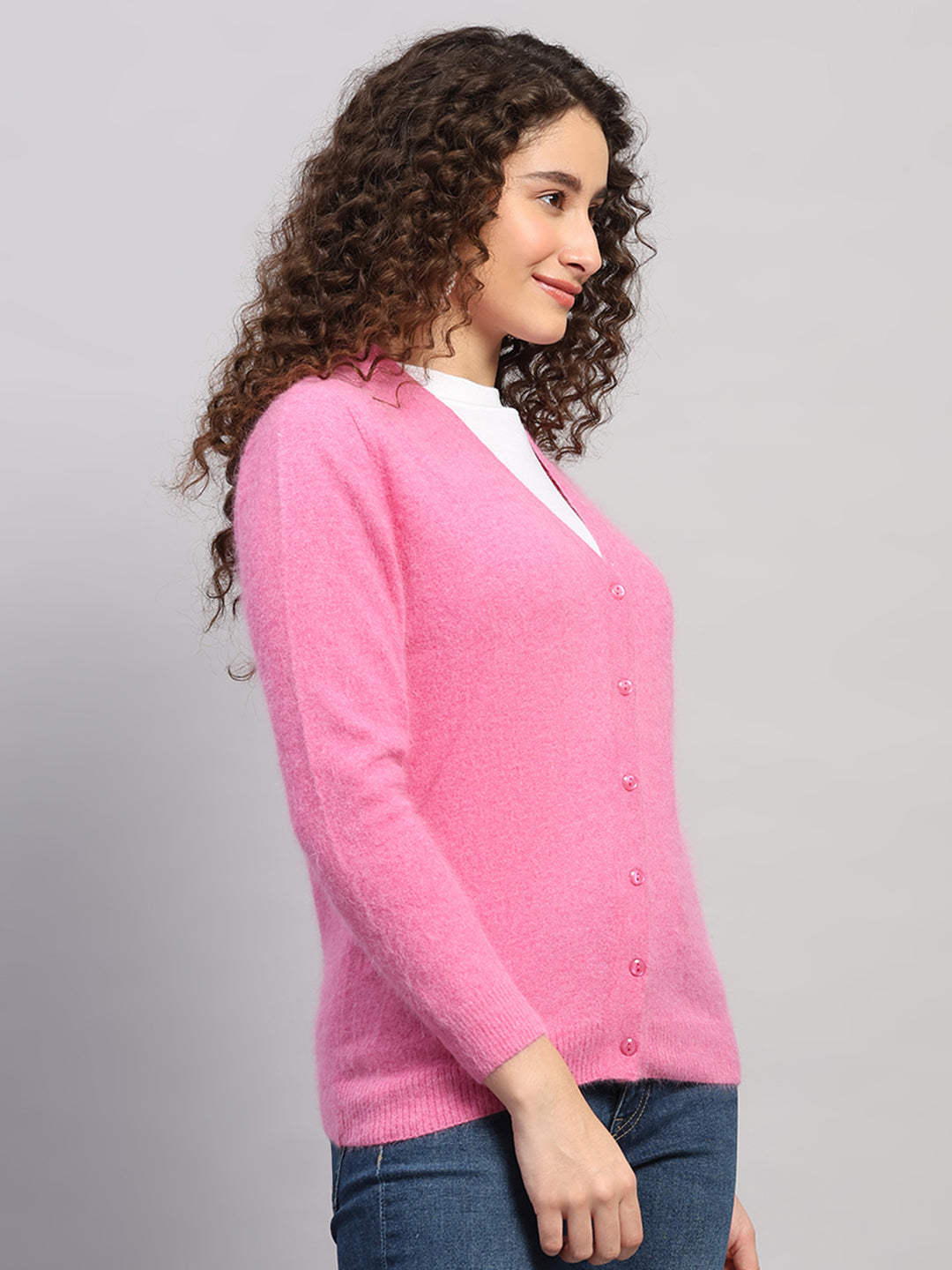 Women Pink Solid V Neck Full Sleeve Cardigan