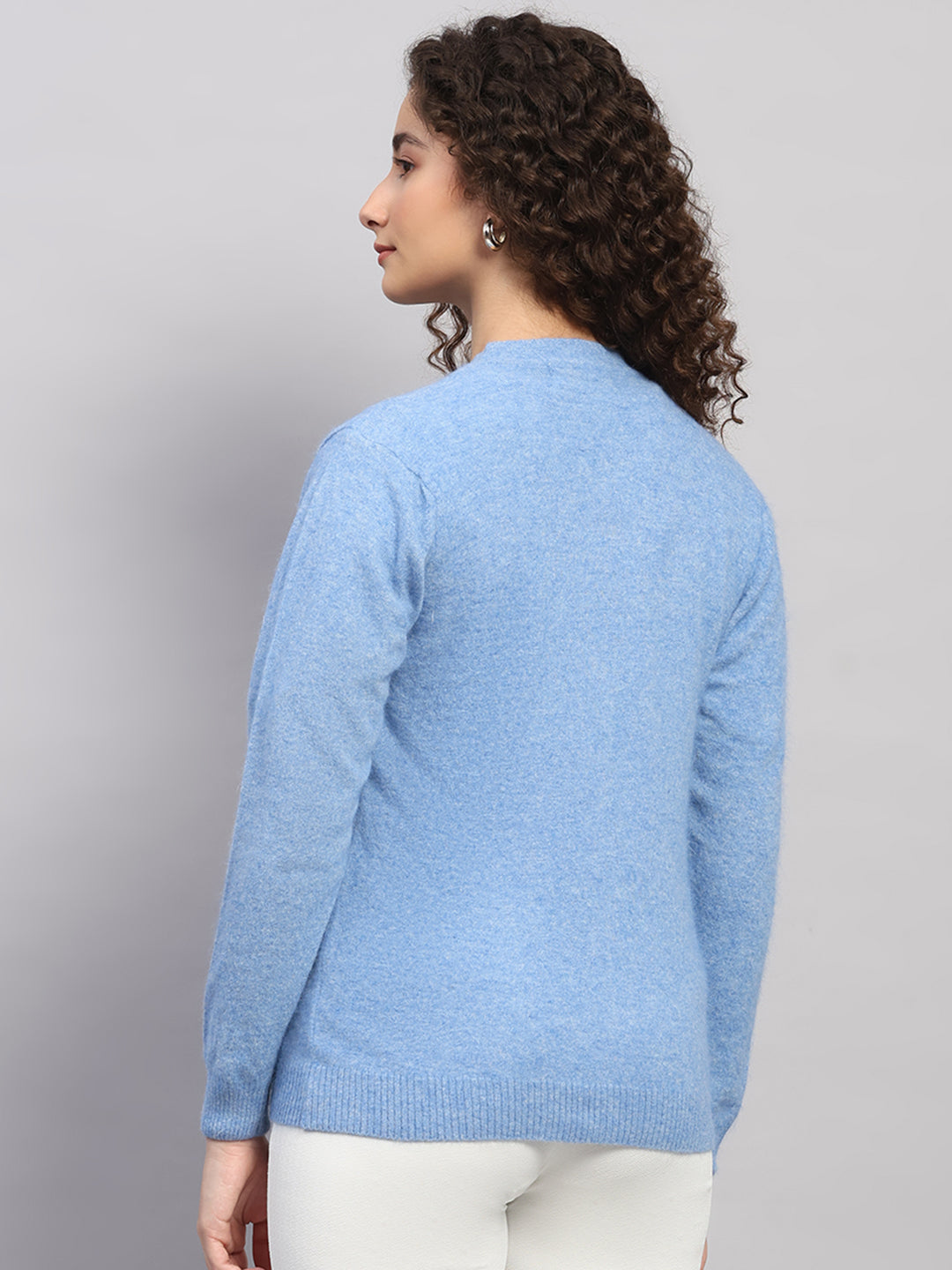 Women Light Blue Solid V Neck Full Sleeve Cardigan