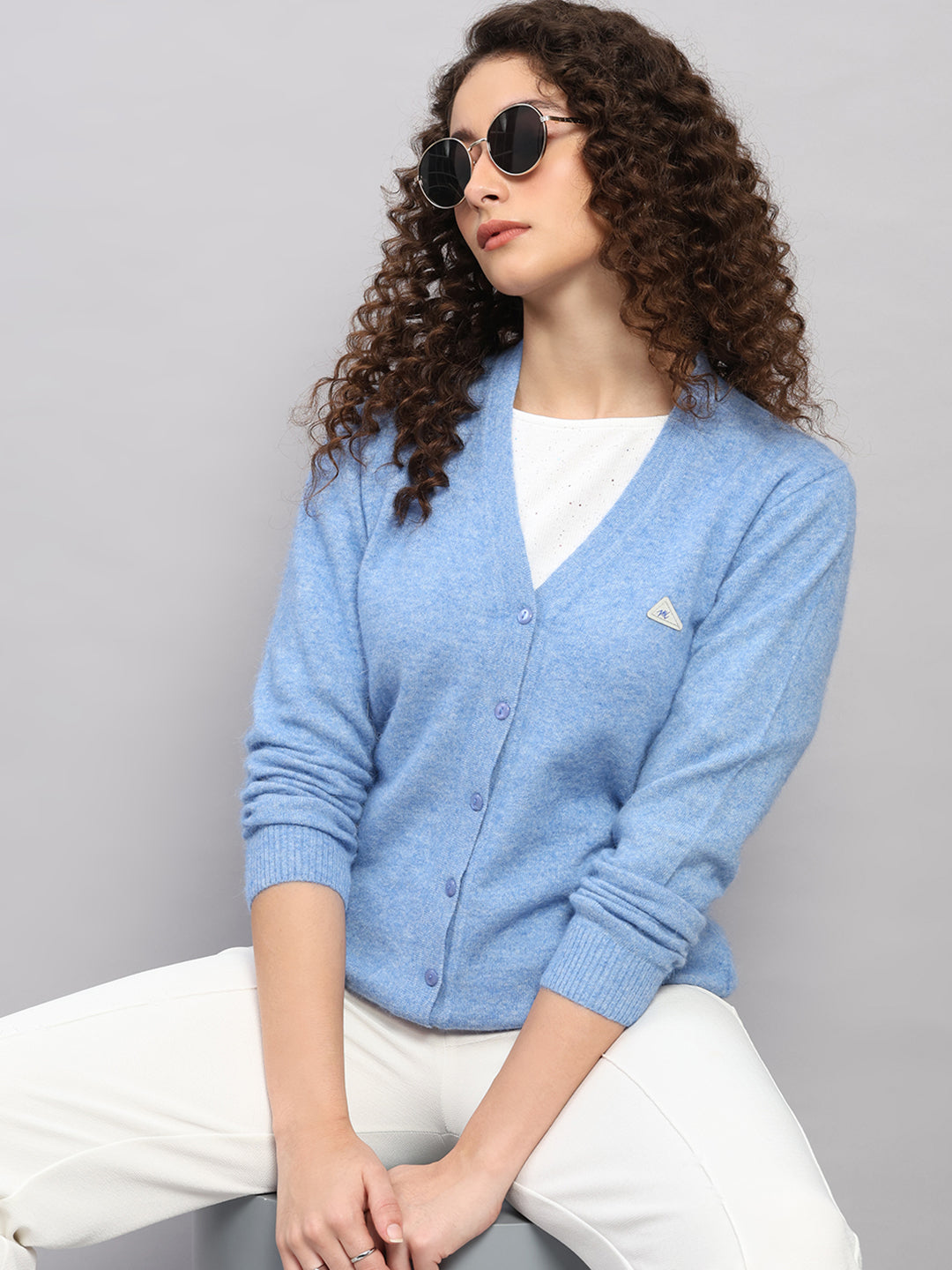 Women Light Blue Solid V Neck Full Sleeve Cardigan