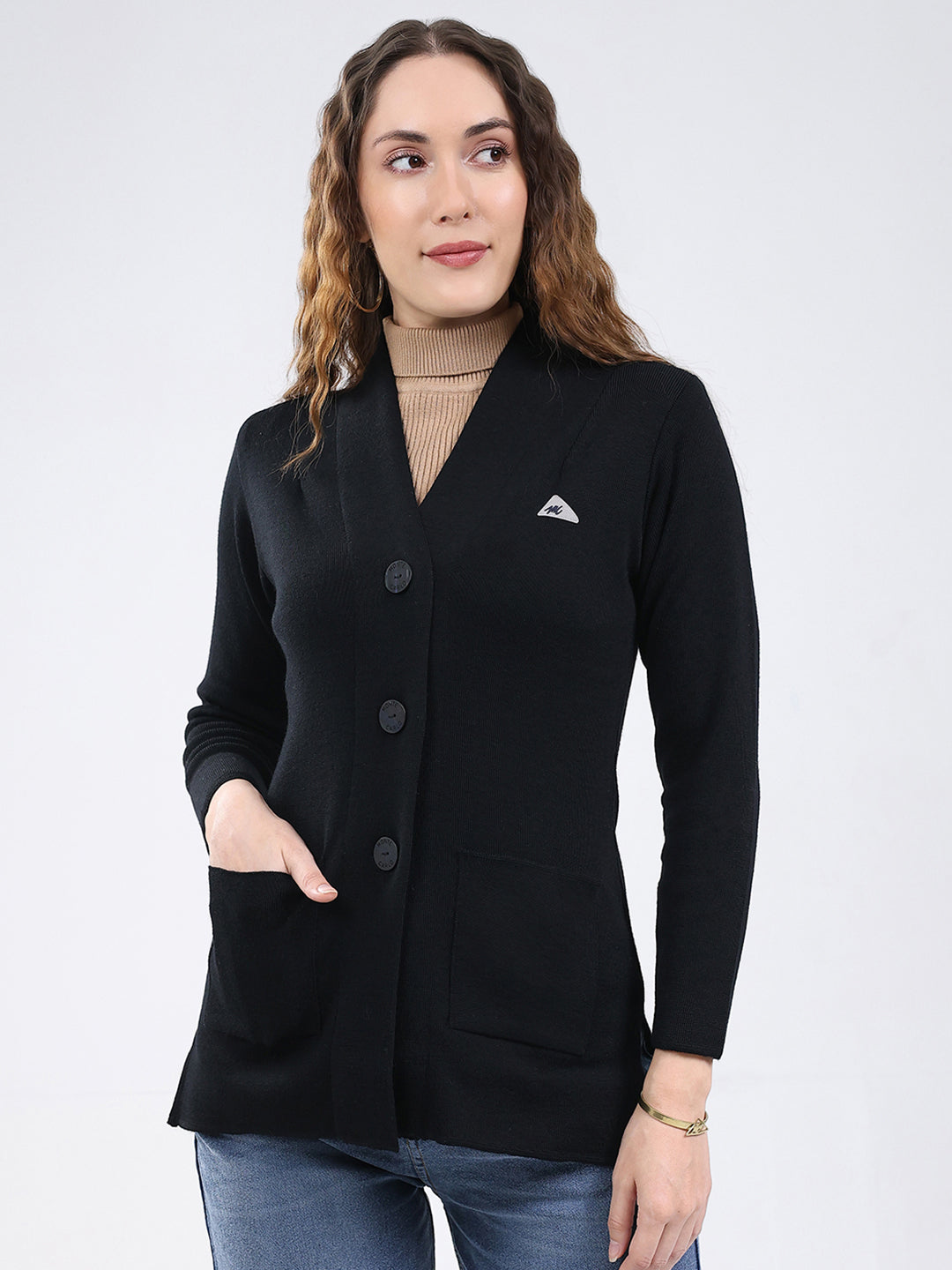 Women Black Solid V Neck Full Sleeve Cardigan