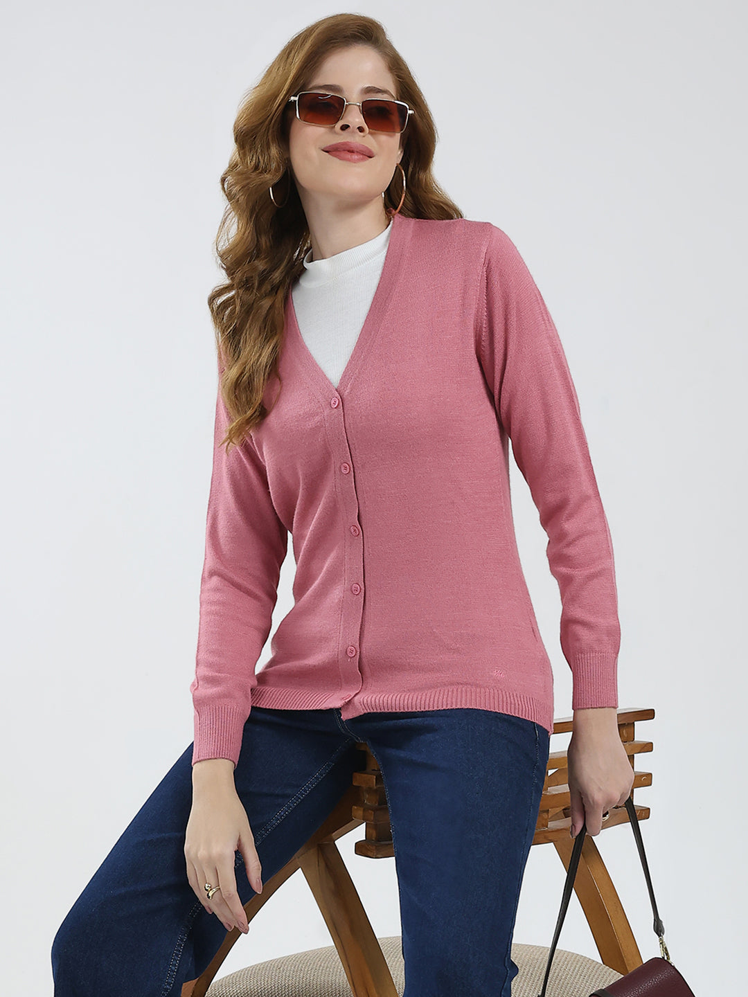 Women Pink Solid V Neck Full Sleeve Cardigan