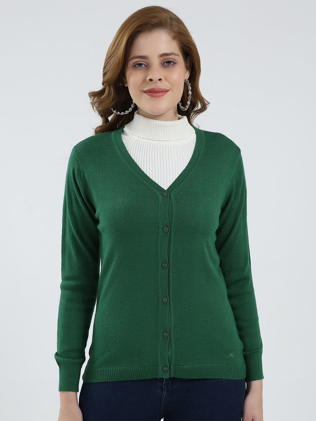 Women Green Solid V Neck Full Sleeve Cardigan