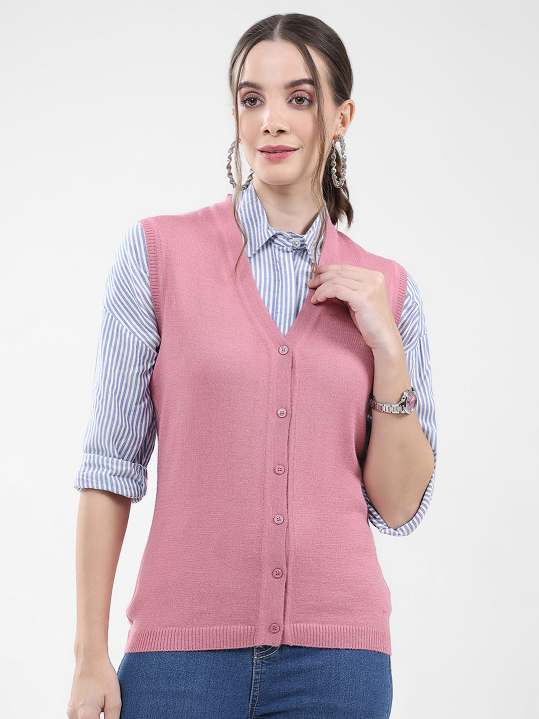 Women Pink Solid V Neck Sleeveless Cardigan