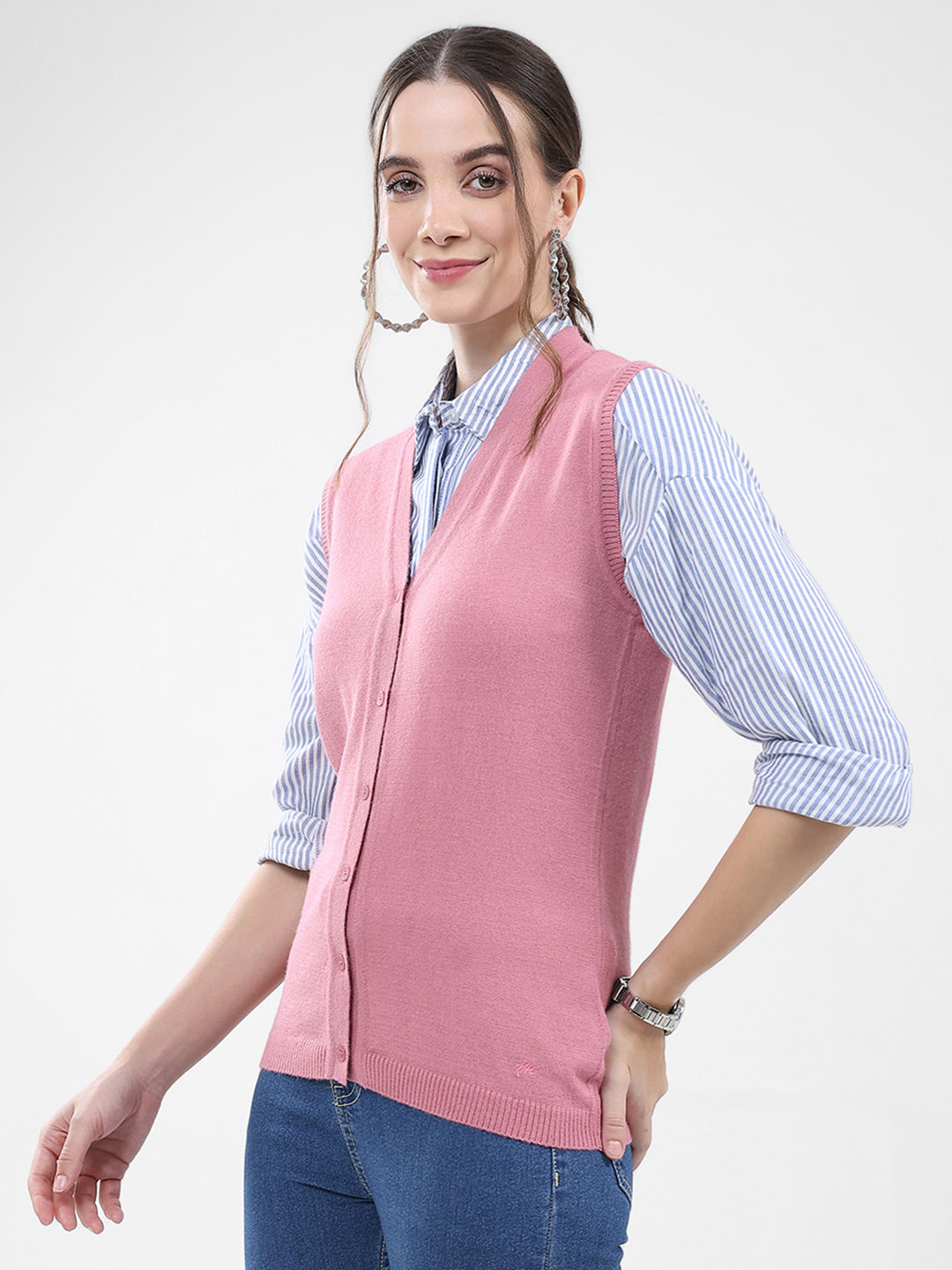 Women Pink Solid V Neck Sleeveless Cardigan