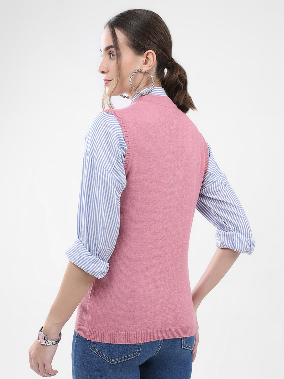 Women Pink Solid V Neck Sleeveless Cardigan