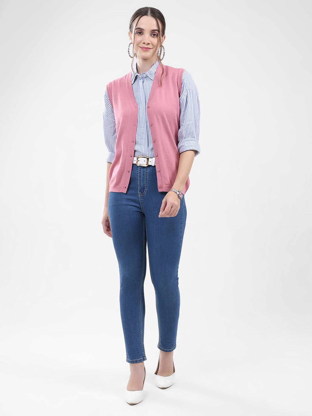 Women Pink Solid V Neck Sleeveless Cardigan
