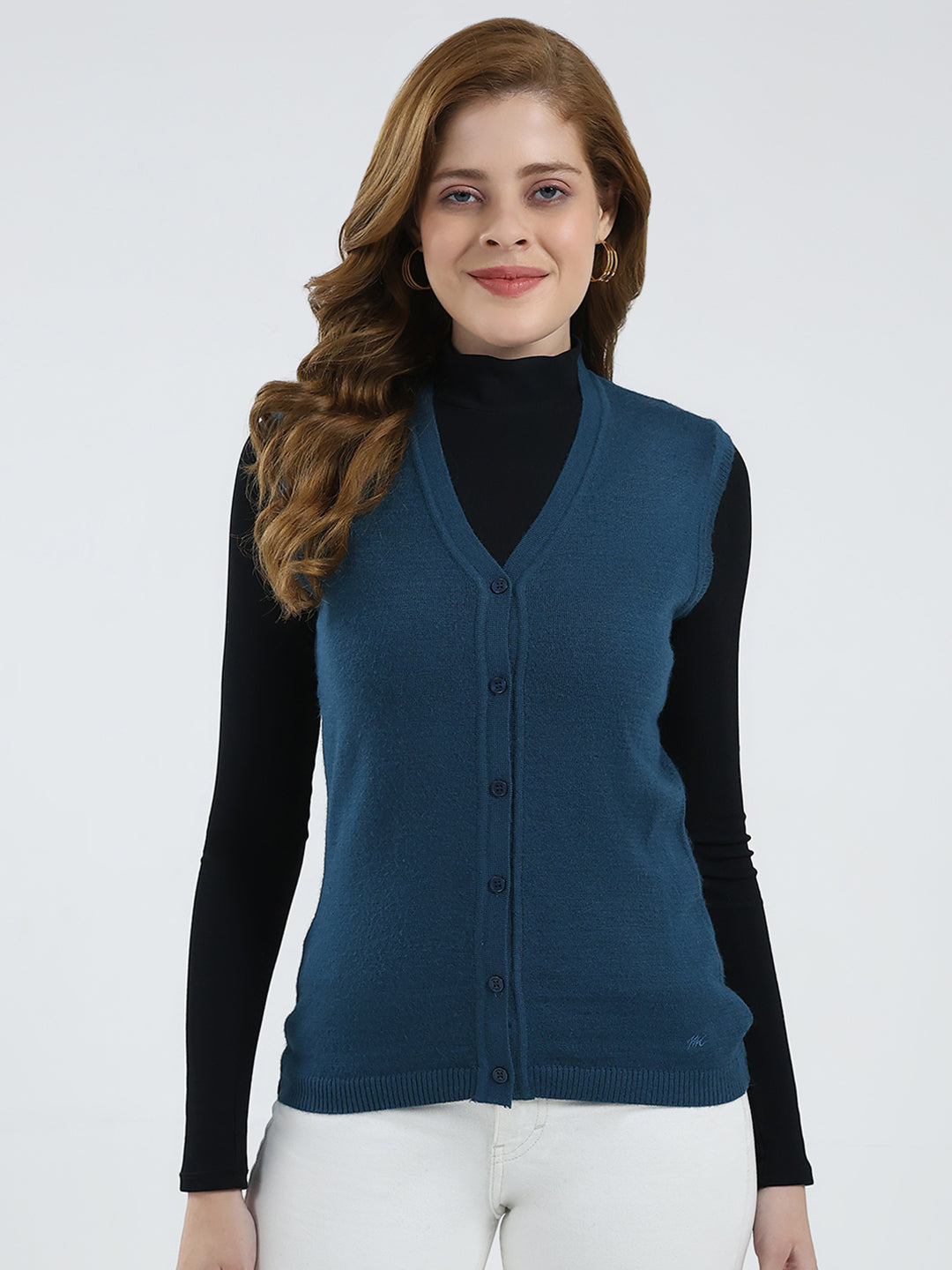 Women Teal Blue Solid V Neck Sleeveless Cardigan