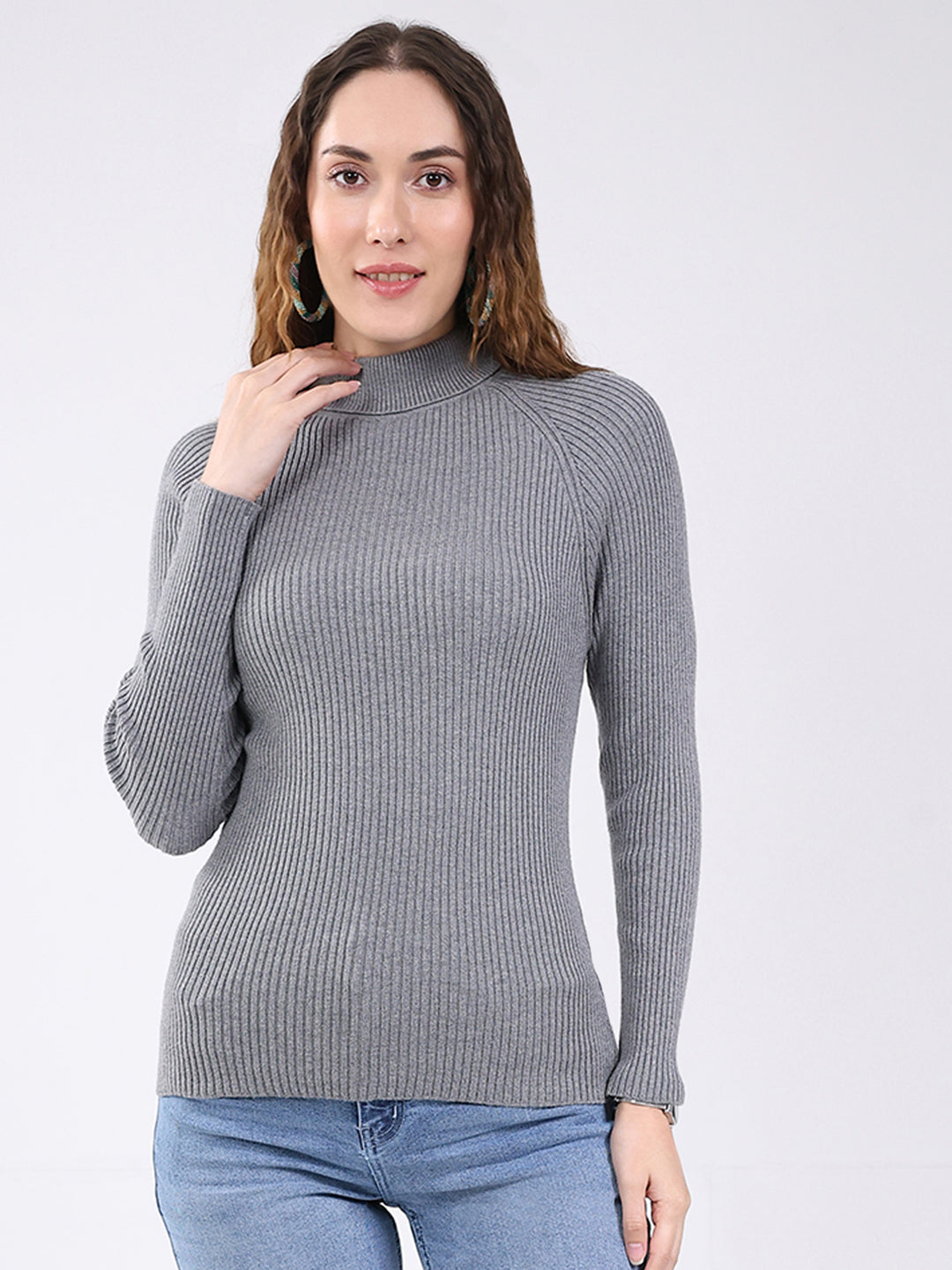 Women Grey Solid Mock Neck Full Sleeve Sceavy