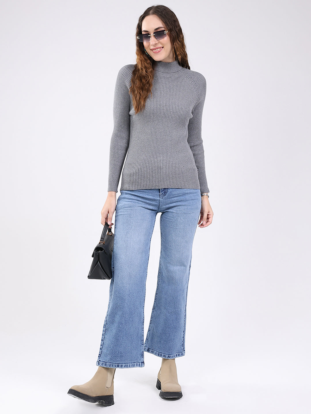 Women Grey Solid Mock Neck Full Sleeve Sceavy