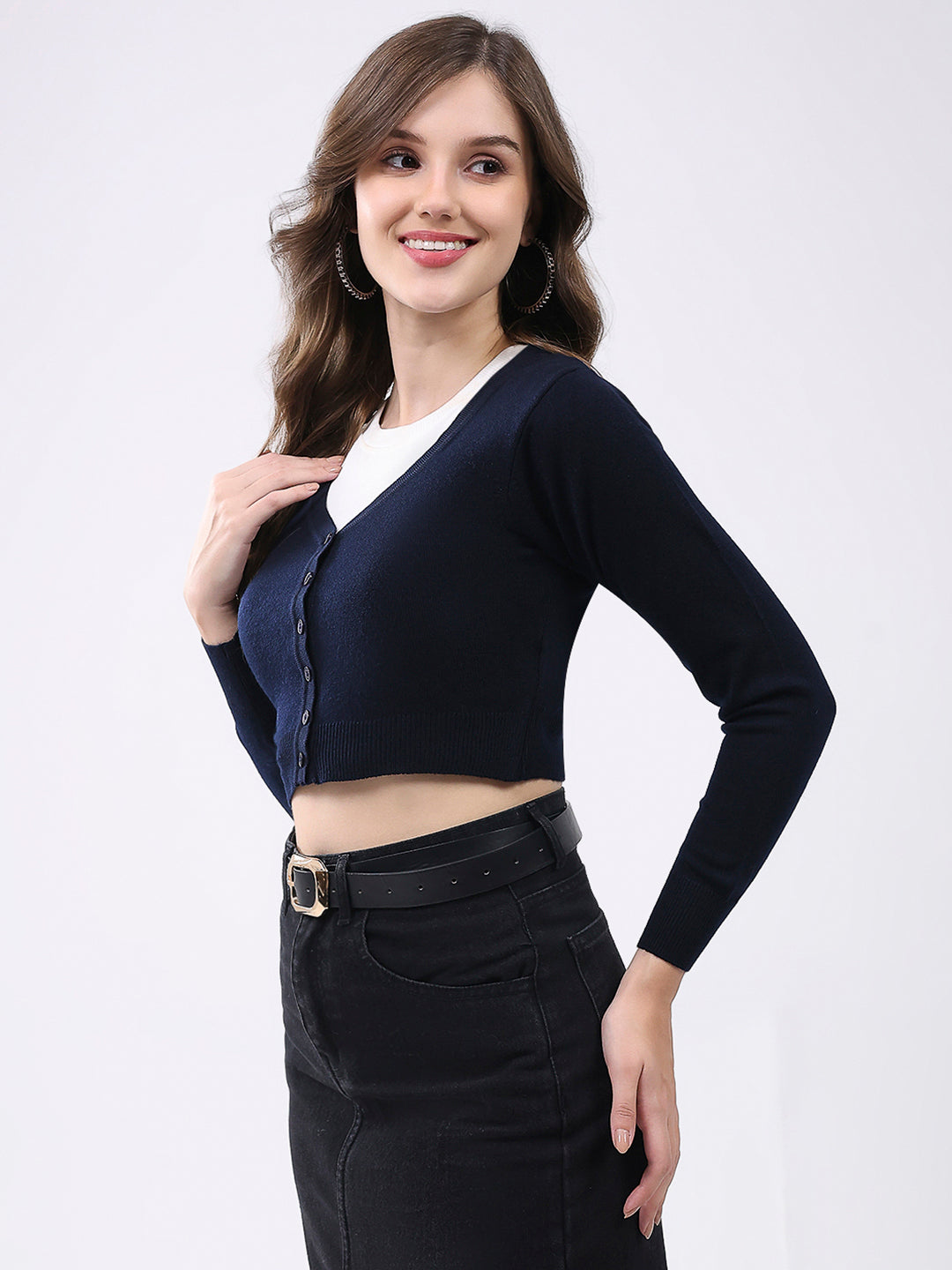 Women Navy Blue Solid V Neck Full Sleeve Cardigan