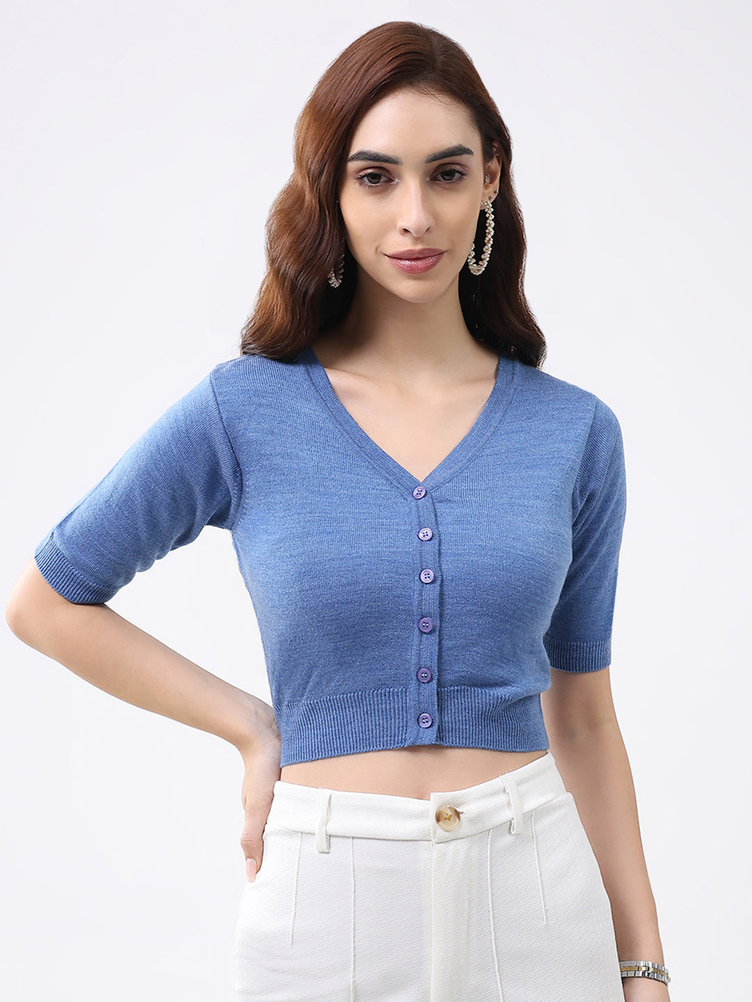 Women Blue Solid V Neck Half Sleeve Cardigan