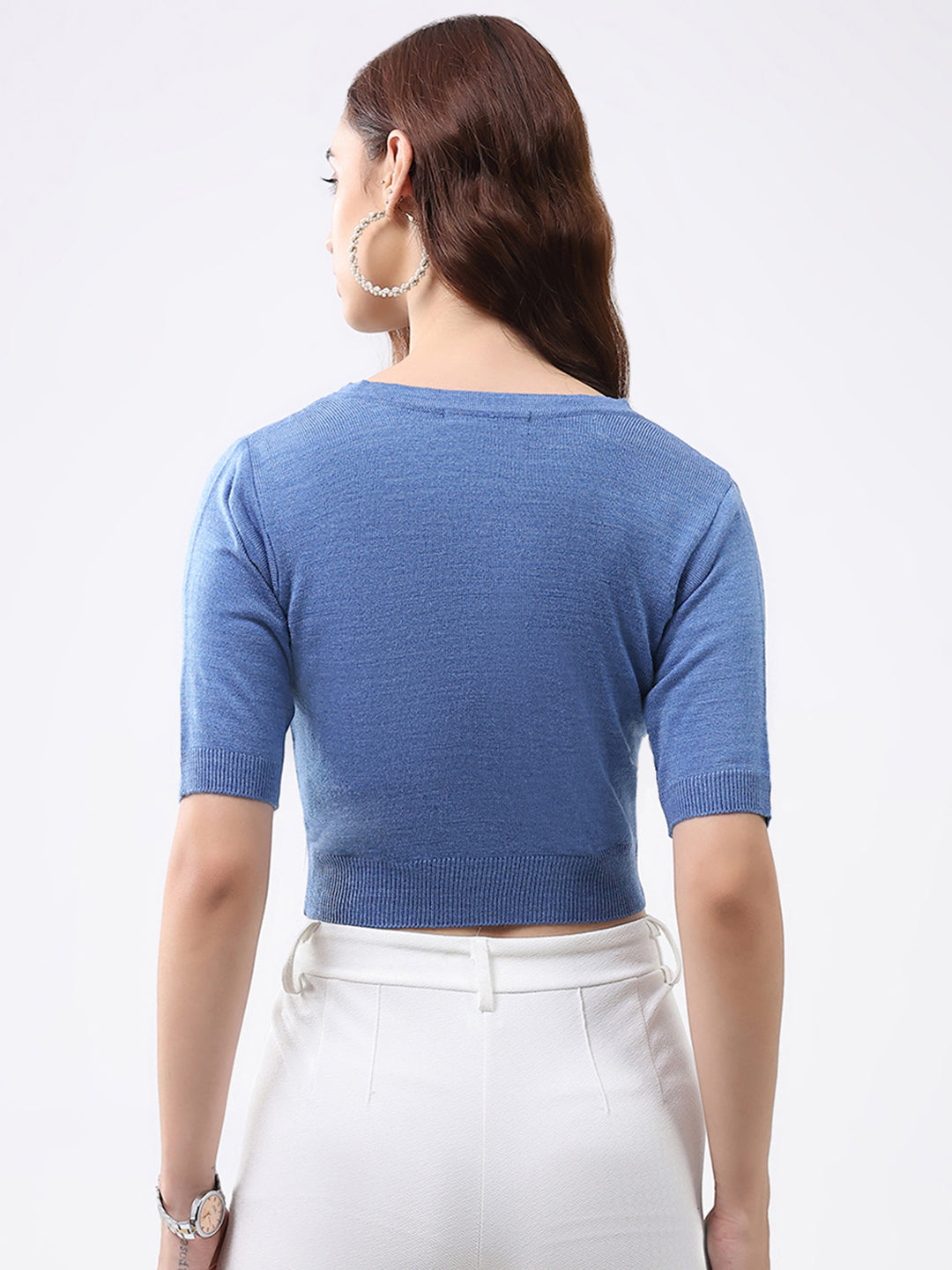 Women Blue Solid V Neck Half Sleeve Cardigan