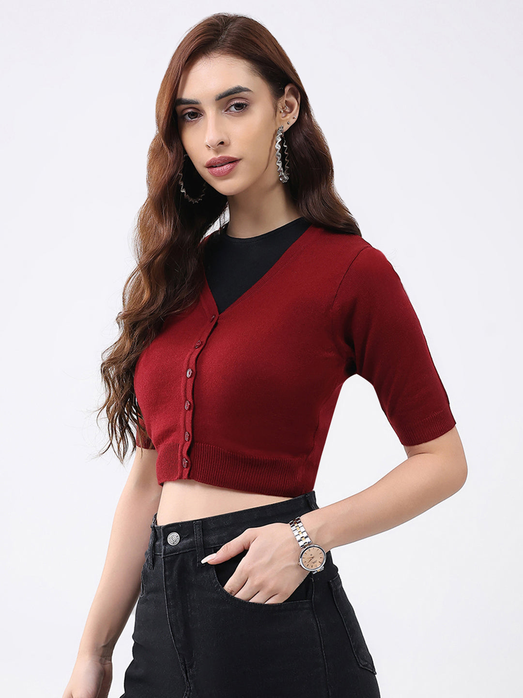 Women Maroon Solid V Neck Half Sleeve Cardigan