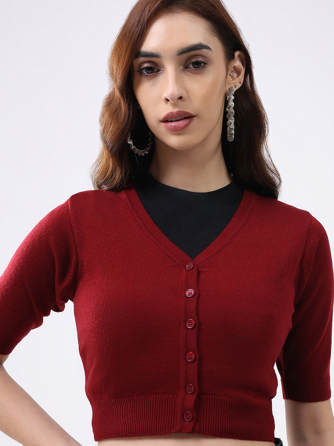 Women Maroon Solid V Neck Half Sleeve Cardigan