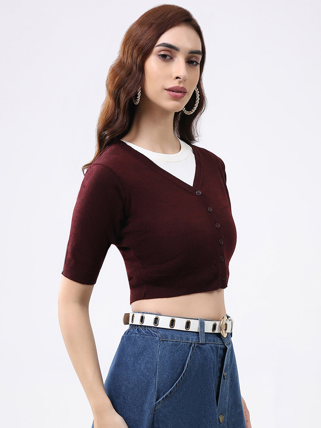 Women Maroon Solid V Neck Half Sleeve Cardigan