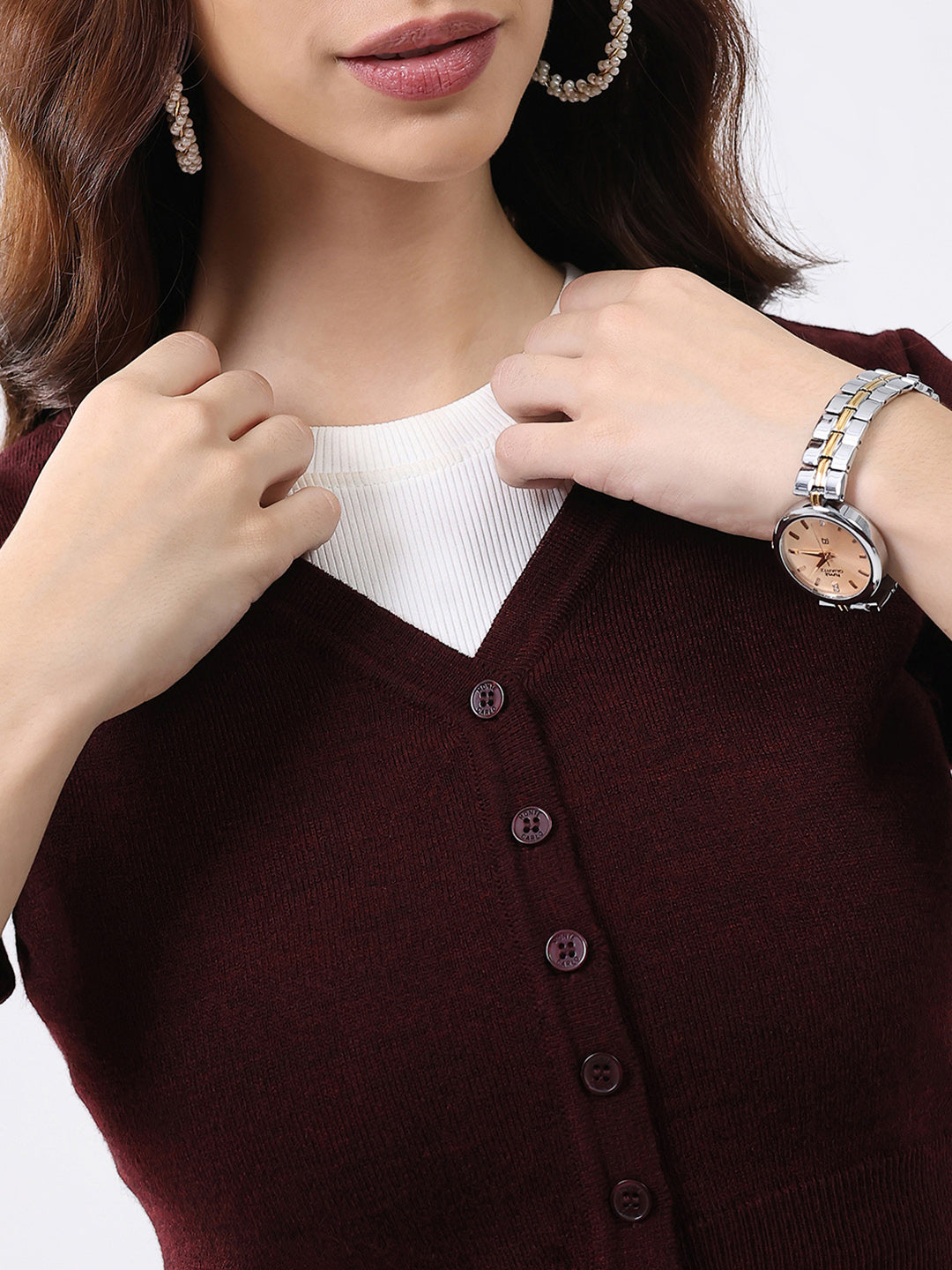 Women Maroon Solid V Neck Half Sleeve Cardigan