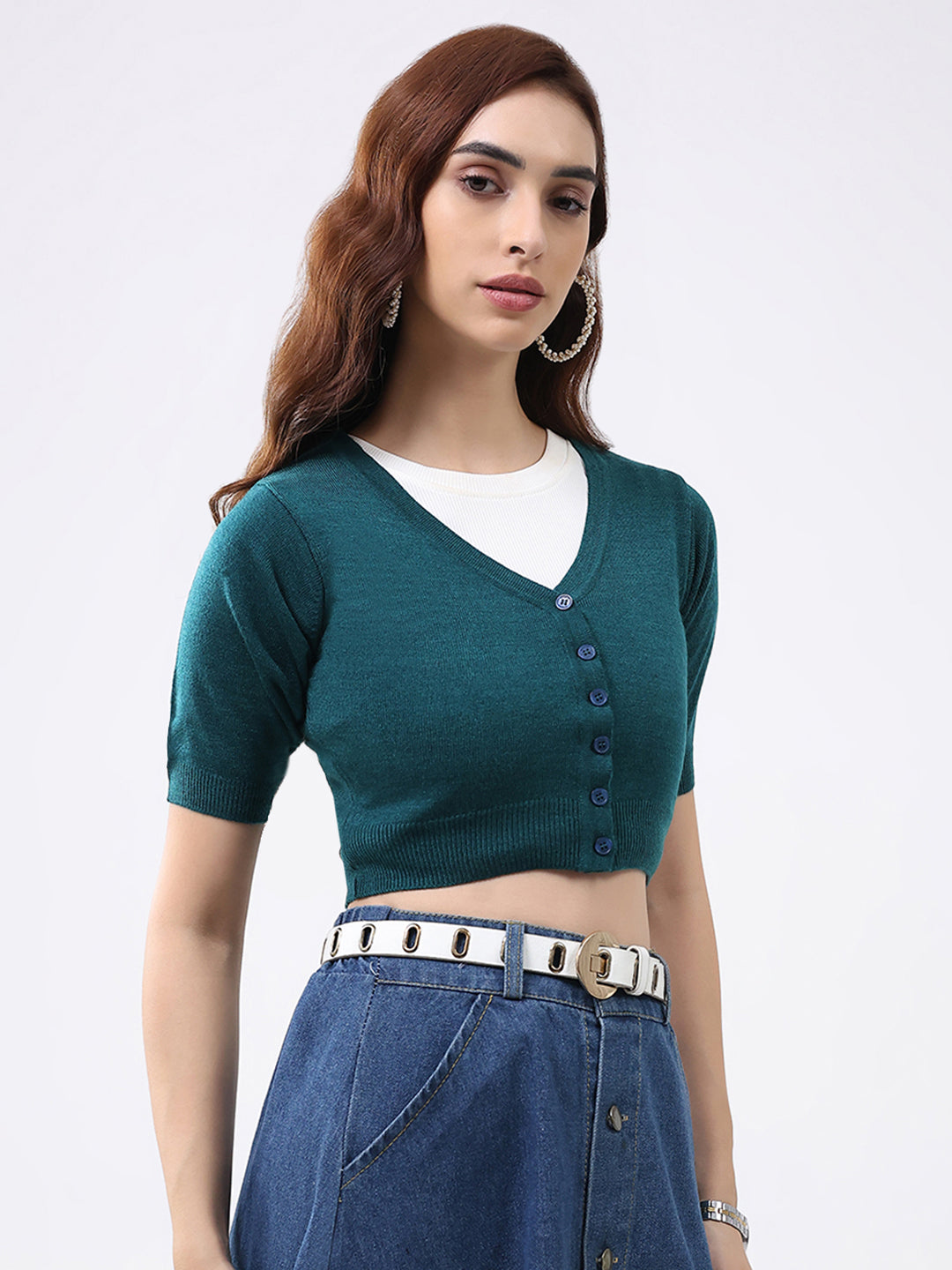 Women Teal Green Solid V Neck Half Sleeve Cardigan