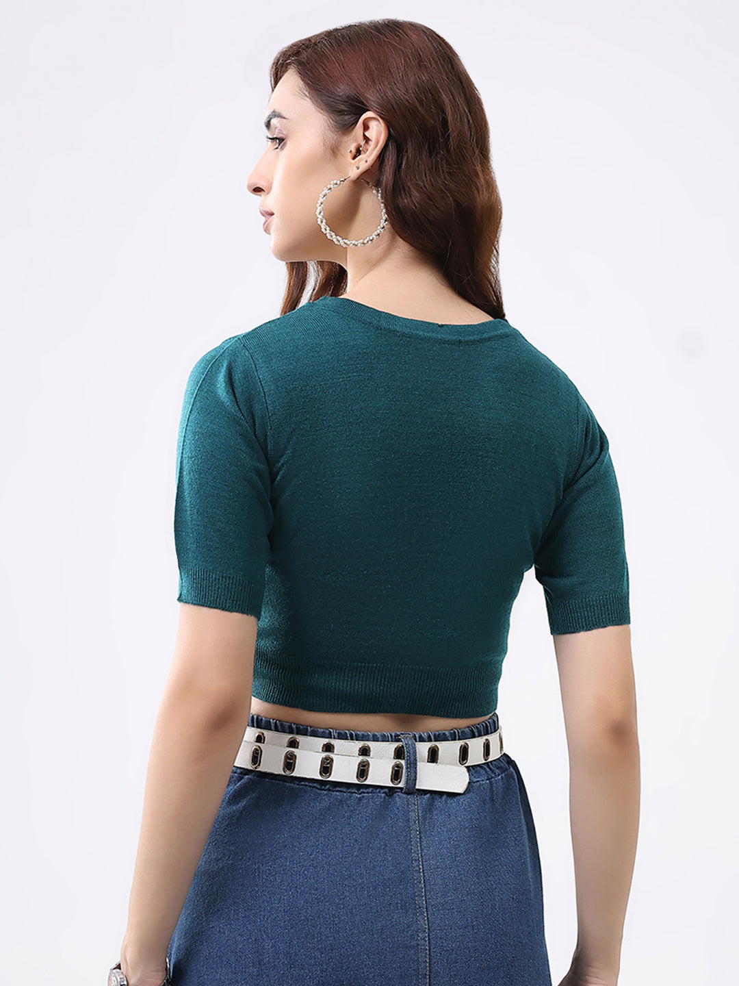 Women Teal Green Solid V Neck Half Sleeve Cardigan