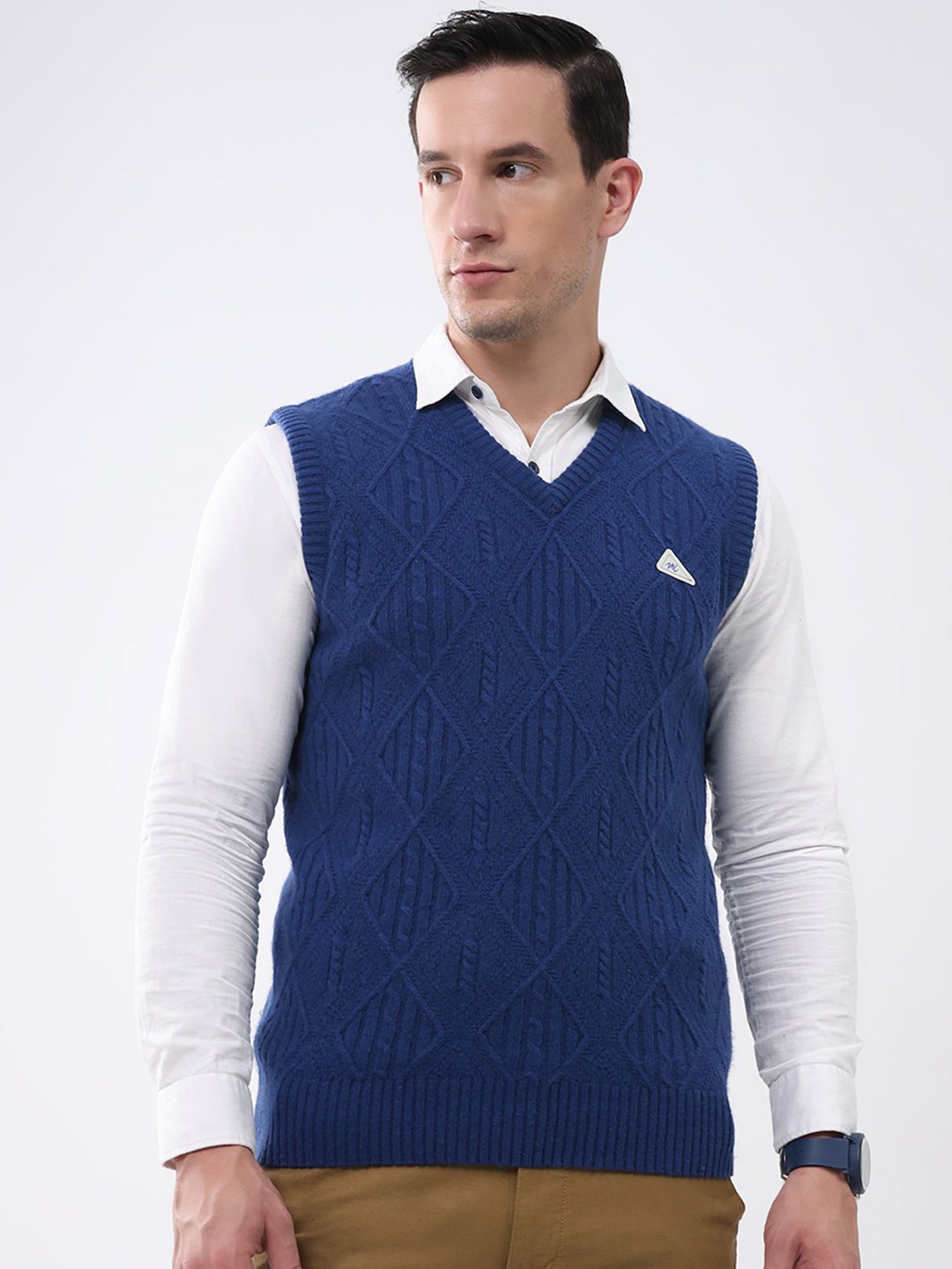 Men Blue Self Design V Neck Sleeveless Sweater