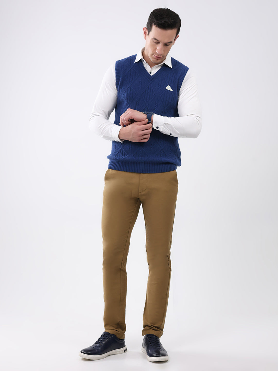 Men Blue Self Design V Neck Sleeveless Sweater