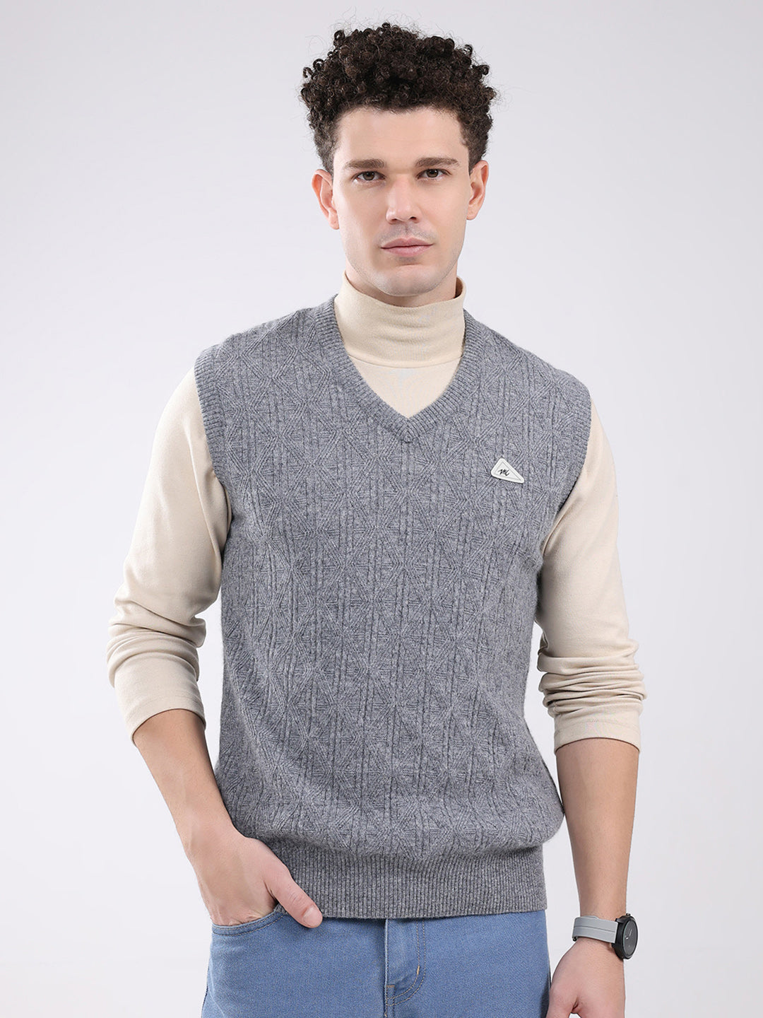 Men Grey Self Design V Neck Sleeveless Sweater