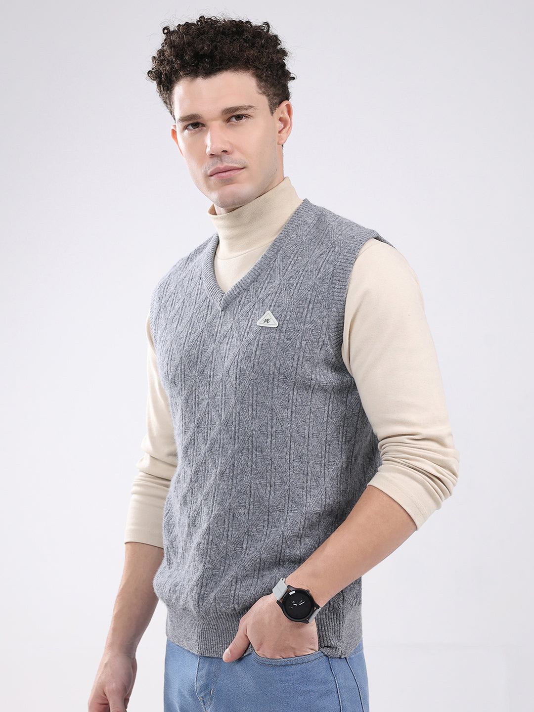 Men Grey Self Design V Neck Sleeveless Sweater
