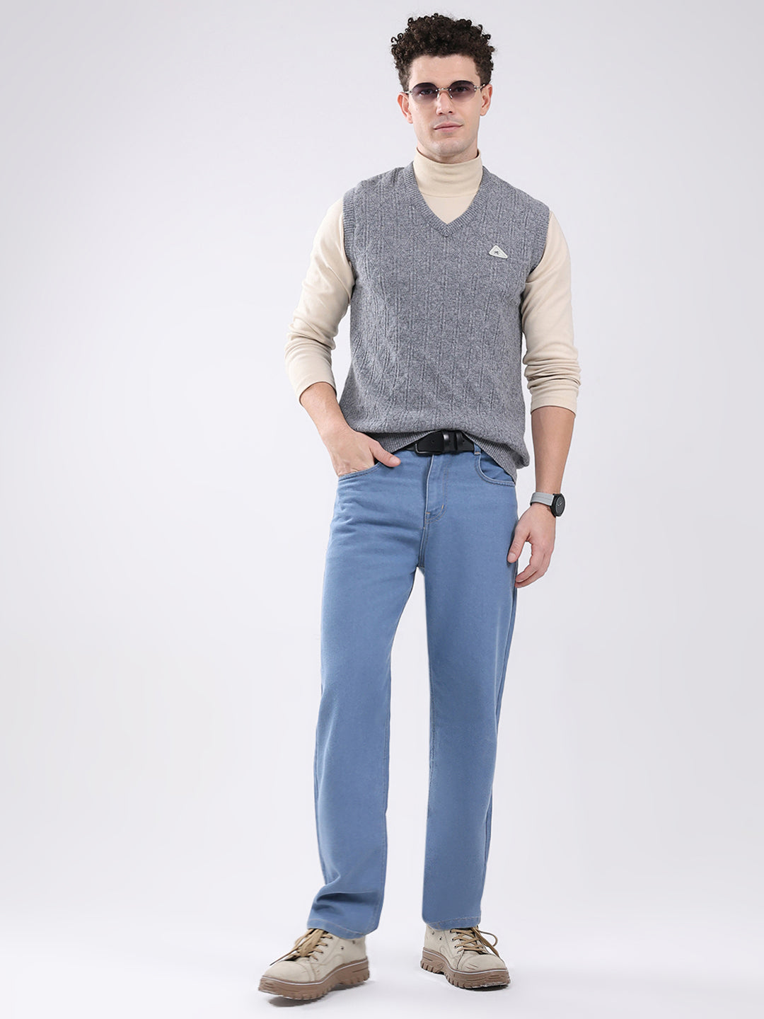 Men Grey Self Design V Neck Sleeveless Sweater